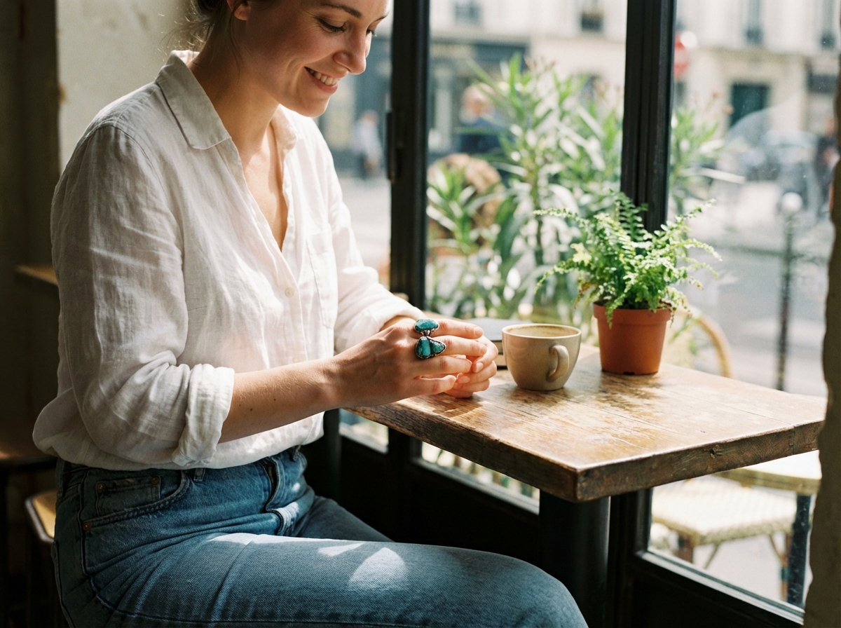 Femme admirant une bague en pierre naturelle dans un café parisien
