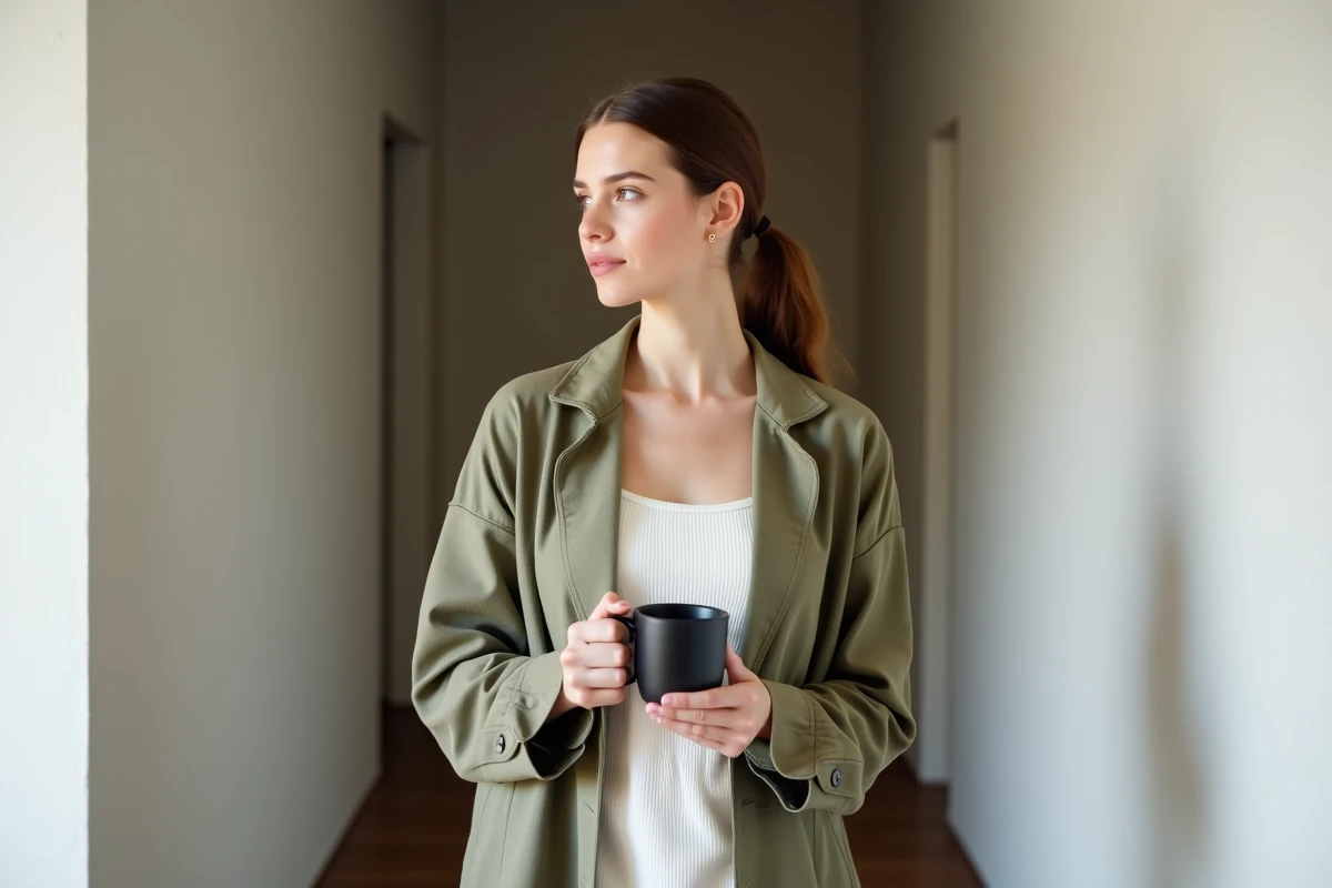 Femme portant un blazer vert kaki en lin dans un couloir minimaliste aux murs blancs et parquet noyer, style design épuré