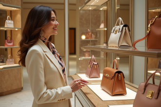Femme élégante admirant sacs de luxe en boutique