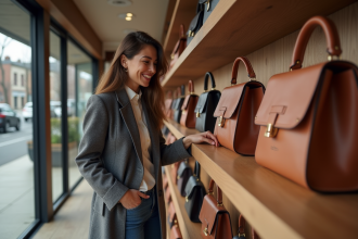 Femme élégante dans une boutique de luxe regardant des sacs à main