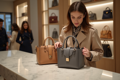 Femme élégante examine deux sacs de luxe en boutique