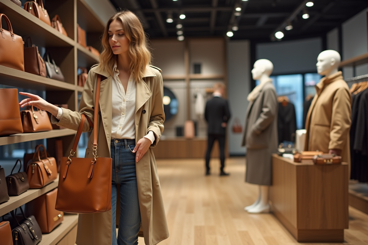 Femme élégante dans une boutique de sacs en cuir