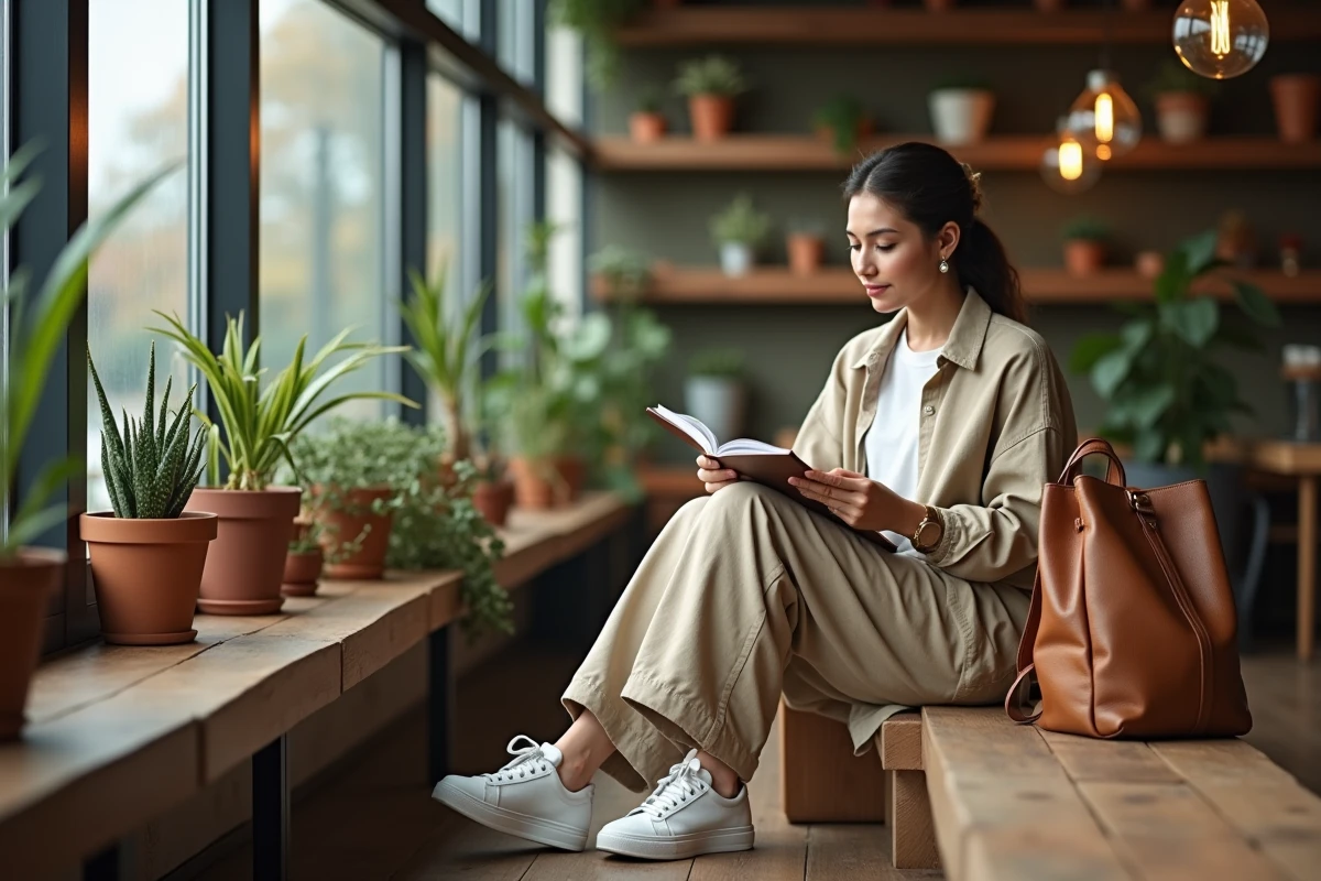 Femme détendue dans un café avec sac en matériaux recyclés