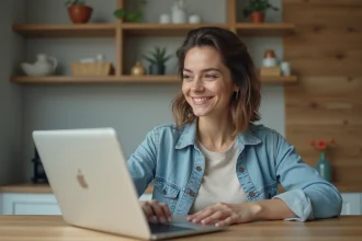Jeune femme détendue travaillant sur son ordinateur à la maison