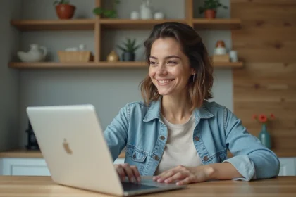 Jeune femme détendue travaillant sur son ordinateur à la maison