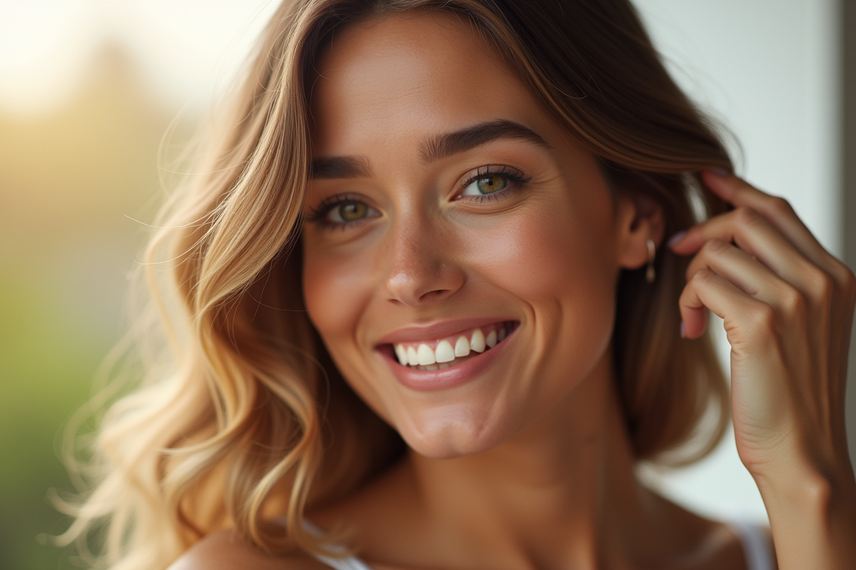 Femme souriante touchant ses cheveux brillants en lumière naturelle