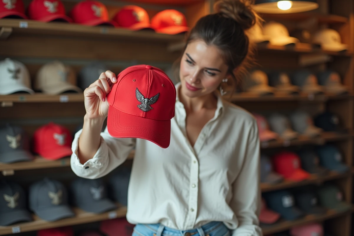 Femme en boutique inspectant une casquette rouge style Trump, aide au choix du bon modèle en magasin
