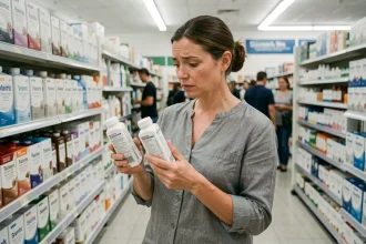 Femme comparant deux produits de marques génériques dans un rayon de supermarché