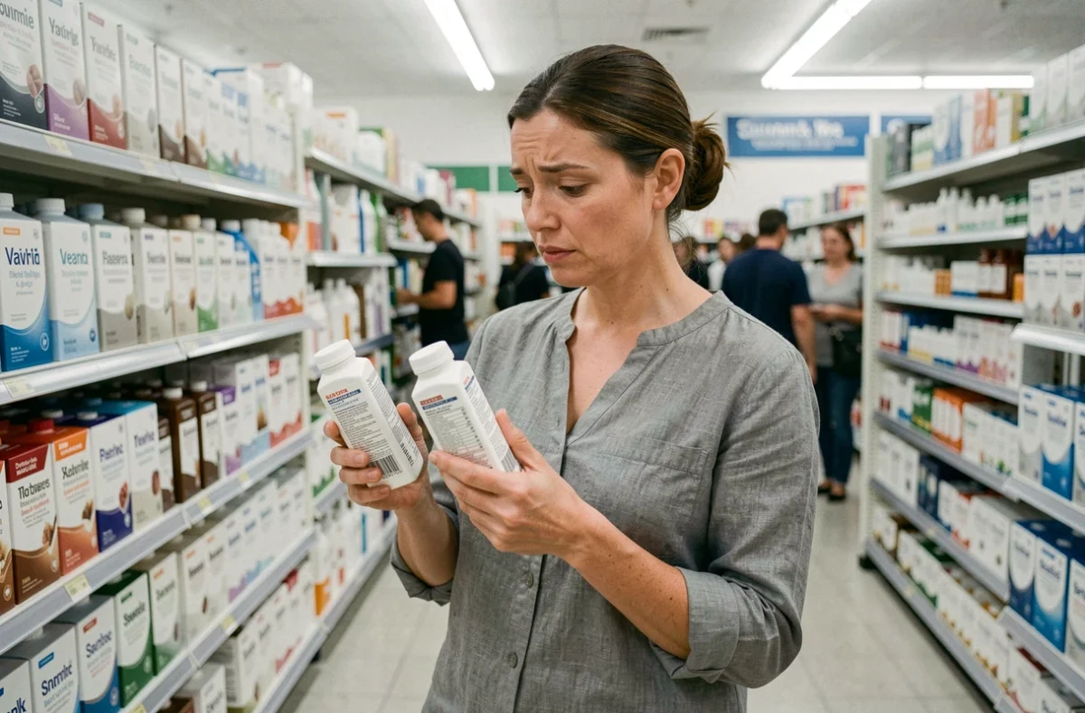 Femme comparant deux produits de marques génériques dans un rayon de supermarché