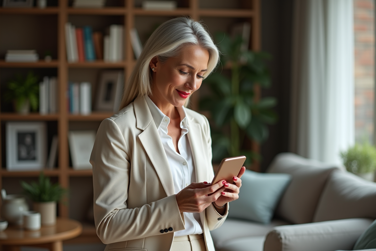 Femme confiante appliquant rouge à lèvres dans un intérieur cosy