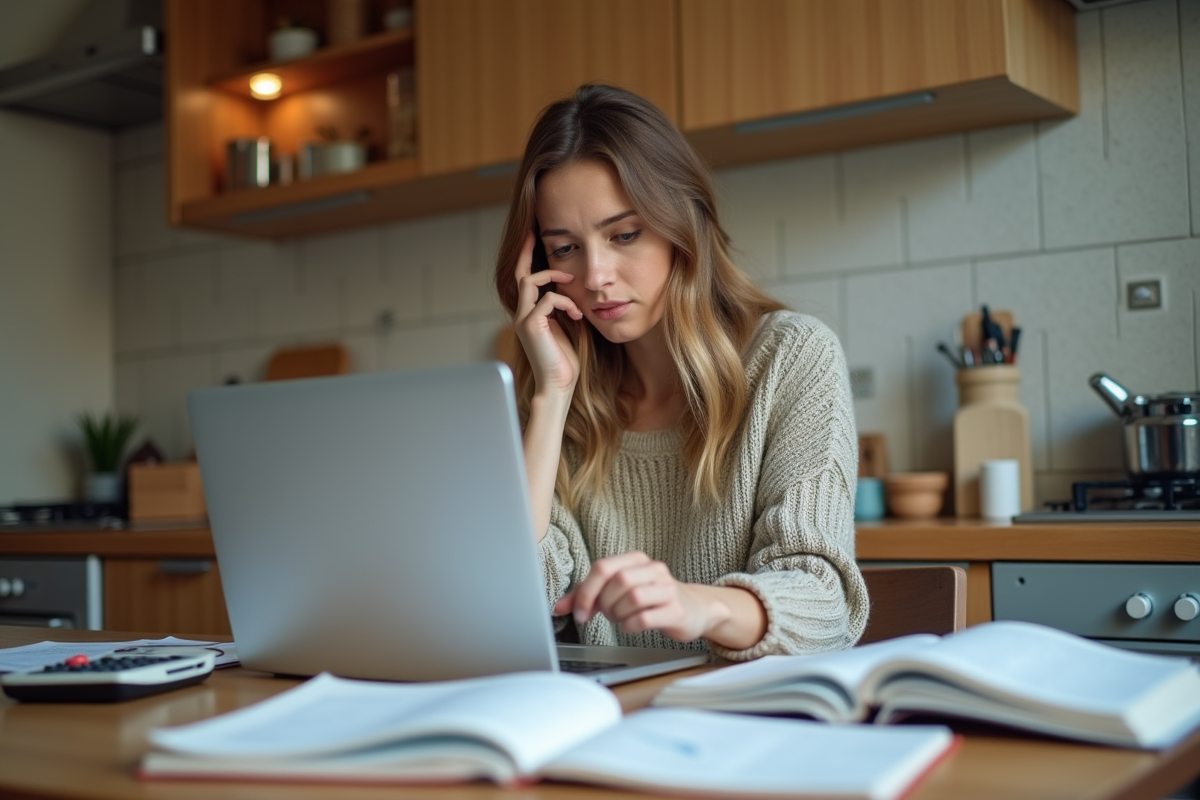 Jeune femme calcule ses dépenses à la cuisine