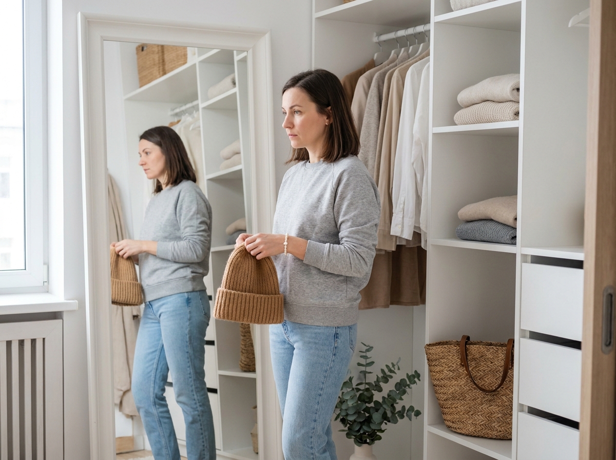 Femme en sweatshirt gris et jean slim devant un miroir dans un dressing nordique minimaliste, accessoirisée d'un bonnet camel et d'un bracelet en perles