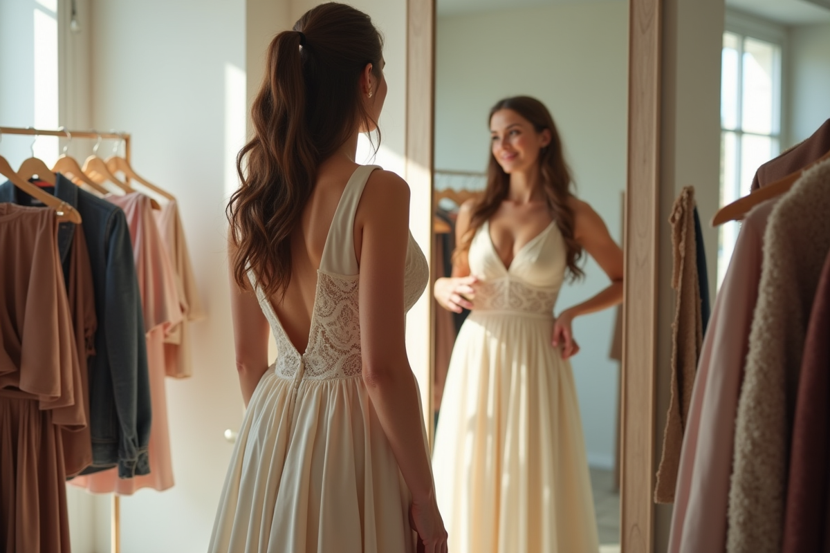 Femme ajustant une robe taille 42 devant miroir dans un dressing lumineux