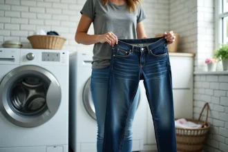 Femme tenant un jean en denim indigo devant un lave-linge moderne dans une buanderie contemporaine