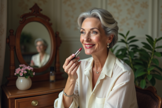 Femme élégante appliquant un rouge à lèvres rose