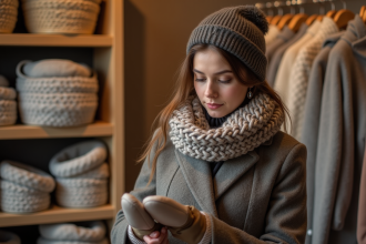 Jeune femme examine des gants d'hiver dans une boutique chaleureuse