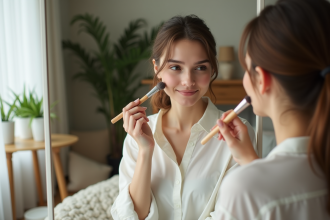 Femme appliquant du blush dans sa chambre chaleureuse