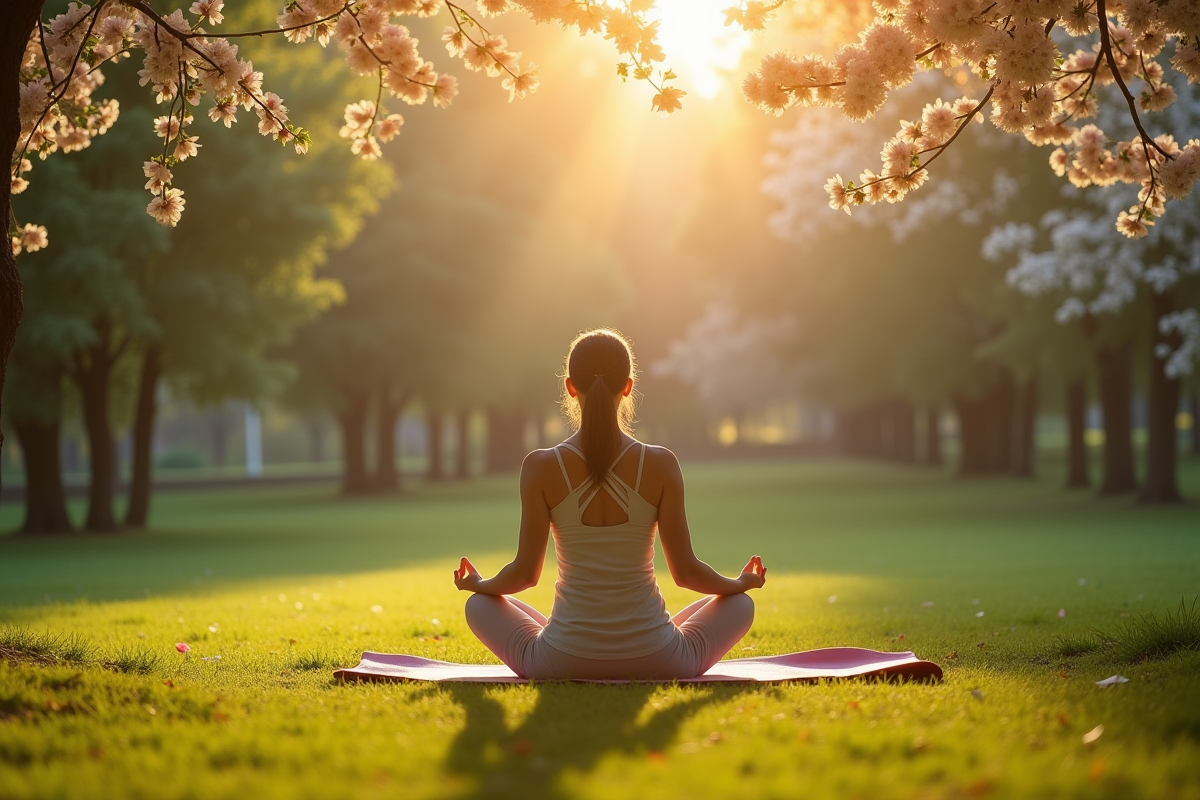 Femme en méditation dans un parc ensoleille