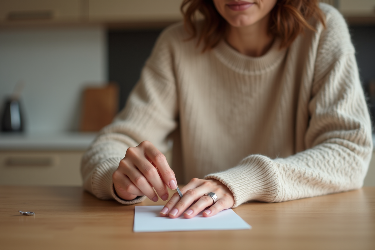 Femme mesurant sa bague dans une cuisine chaleureuse