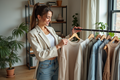 Jeune femme en blazer lin et jeans recyclés dans un appartement lumineux
