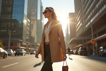 Femme élégante marchant en ville avec sac à main tendance