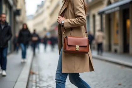 Jeune femme en trench beige dans Paris printemps