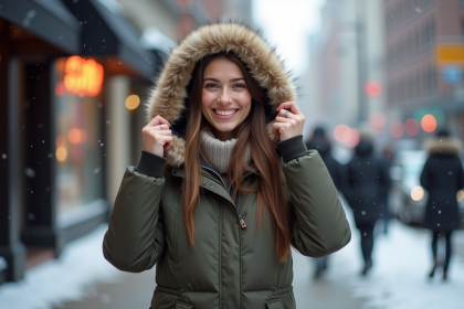 Femme souriante en parka d'hiver en ville