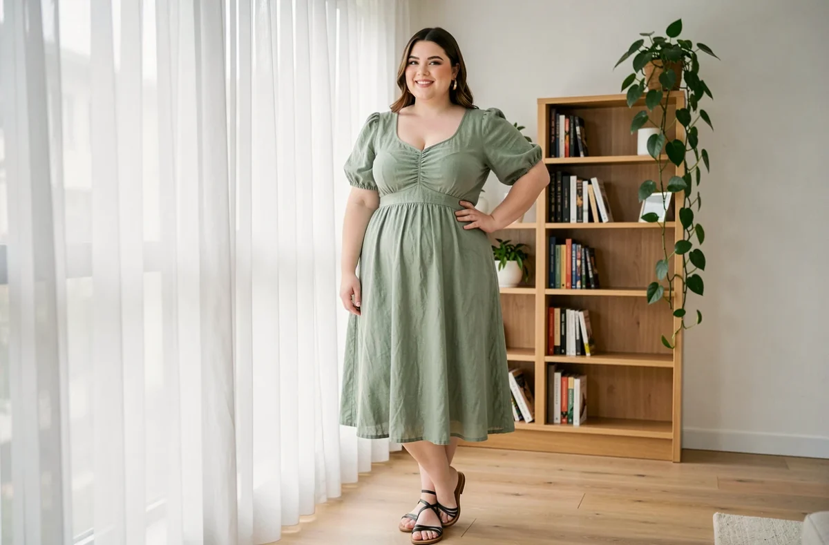 Femme petite et ronde en robe en lin vert sauge dans un appartement lumineux, look quotidien élégant