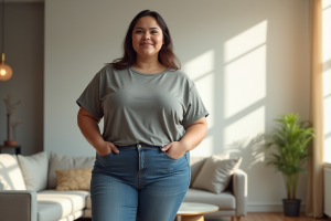 Femme confiante en t-shirt 2XL et jeans dans un salon lumineux