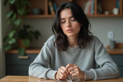 Femme pensive tenant un collier en tangle dans ses mains