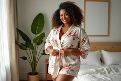 Femme confiante en robe florale dans une chambre lumineuse