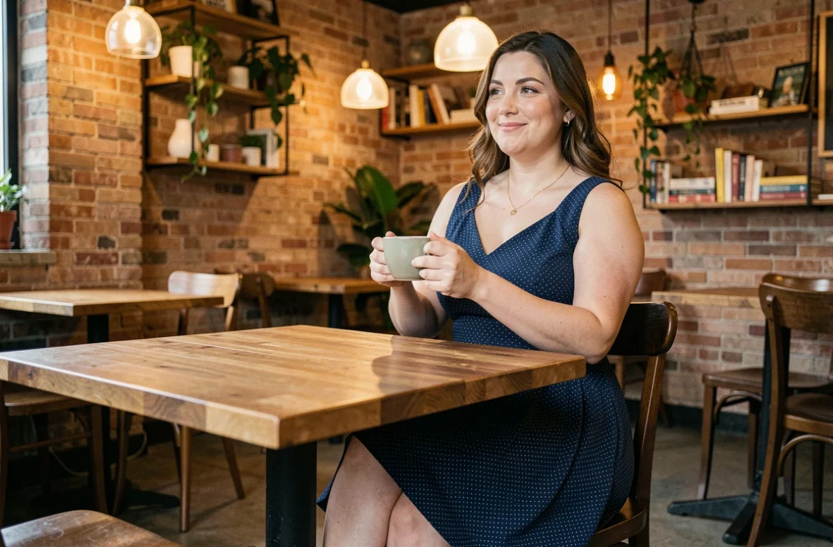 Femme ronde et petite en robe mi-longue bleu marine dans un café cosy, style chic et décontracté