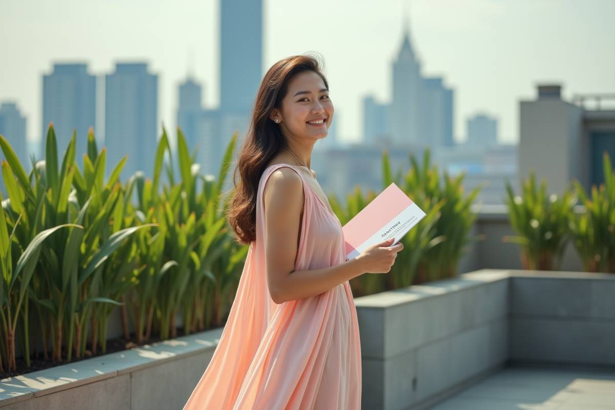 Femme élégante sur un rooftop avec couleurs pastel printemps