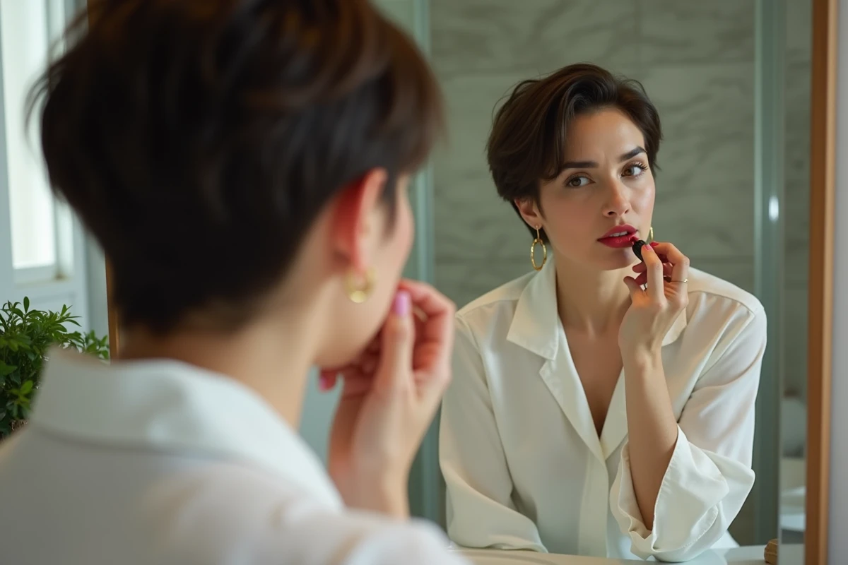 Femme appliquant rouge à lèvres devant miroir dans la salle de bain