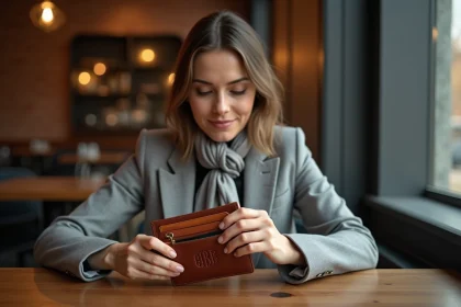 Femme élégante arrangeant un portefeuille en cuir personnalisé