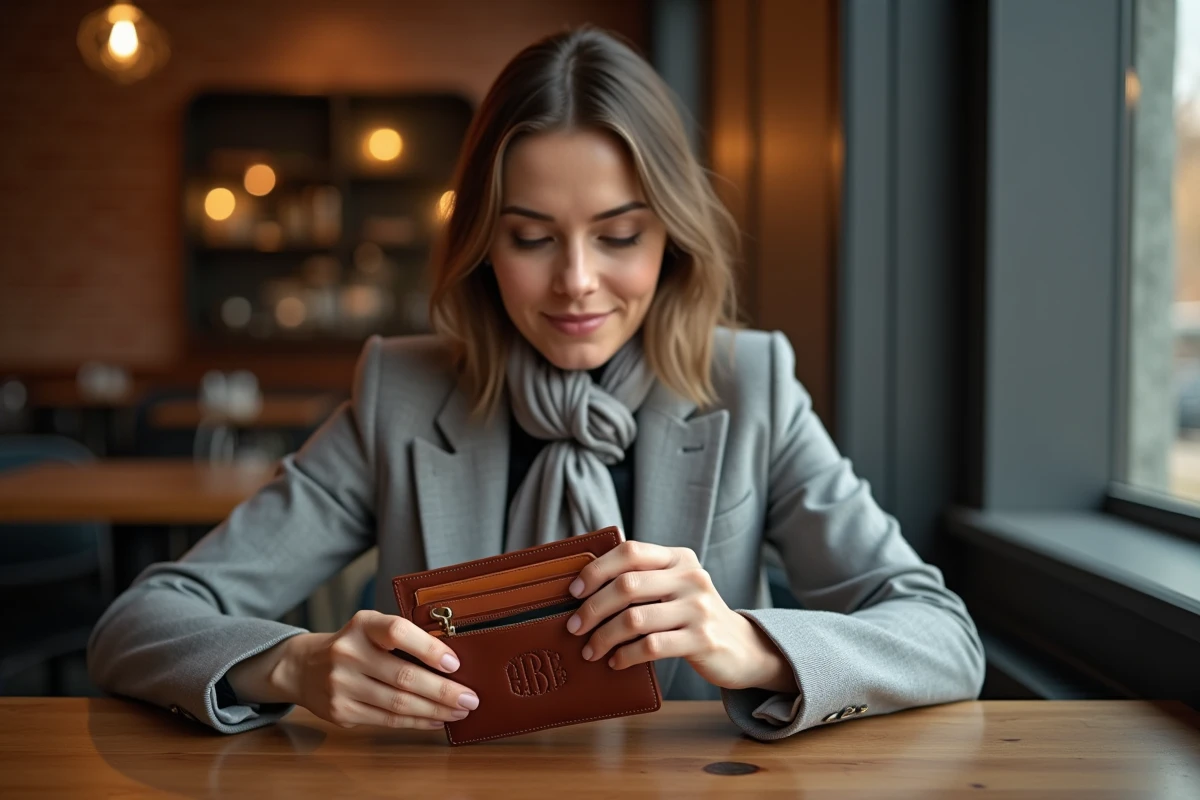 Femme élégante arrangeant un portefeuille en cuir personnalisé