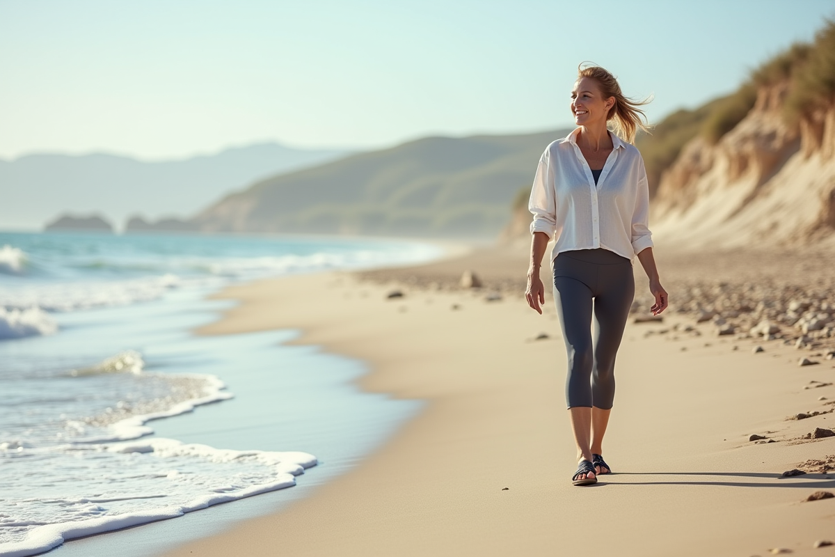 Femme marchant sur la plage en souriant
