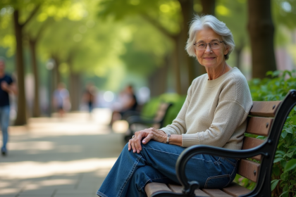 Femme senior assise sur un banc dans un parc ensoleille