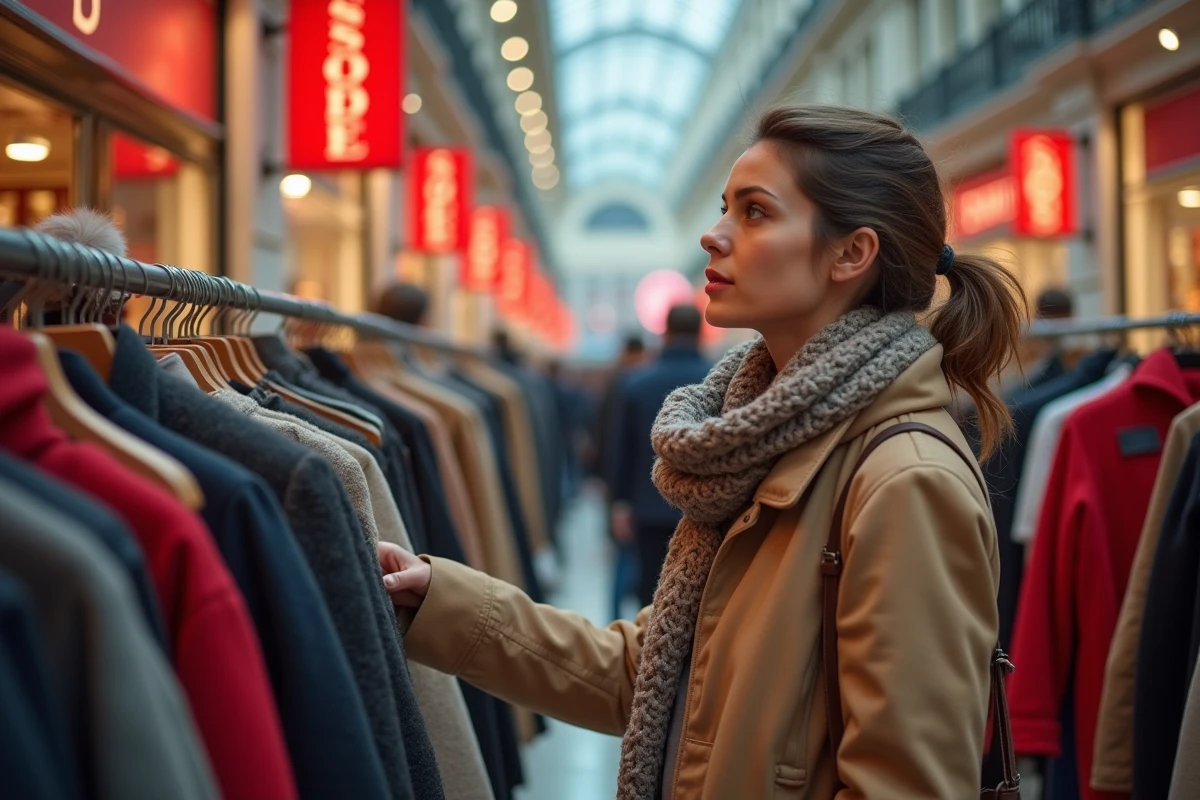 Femme faisant ses achats pendant les soldes d'hiver dans un grand magasin français avec des affiches de promotions