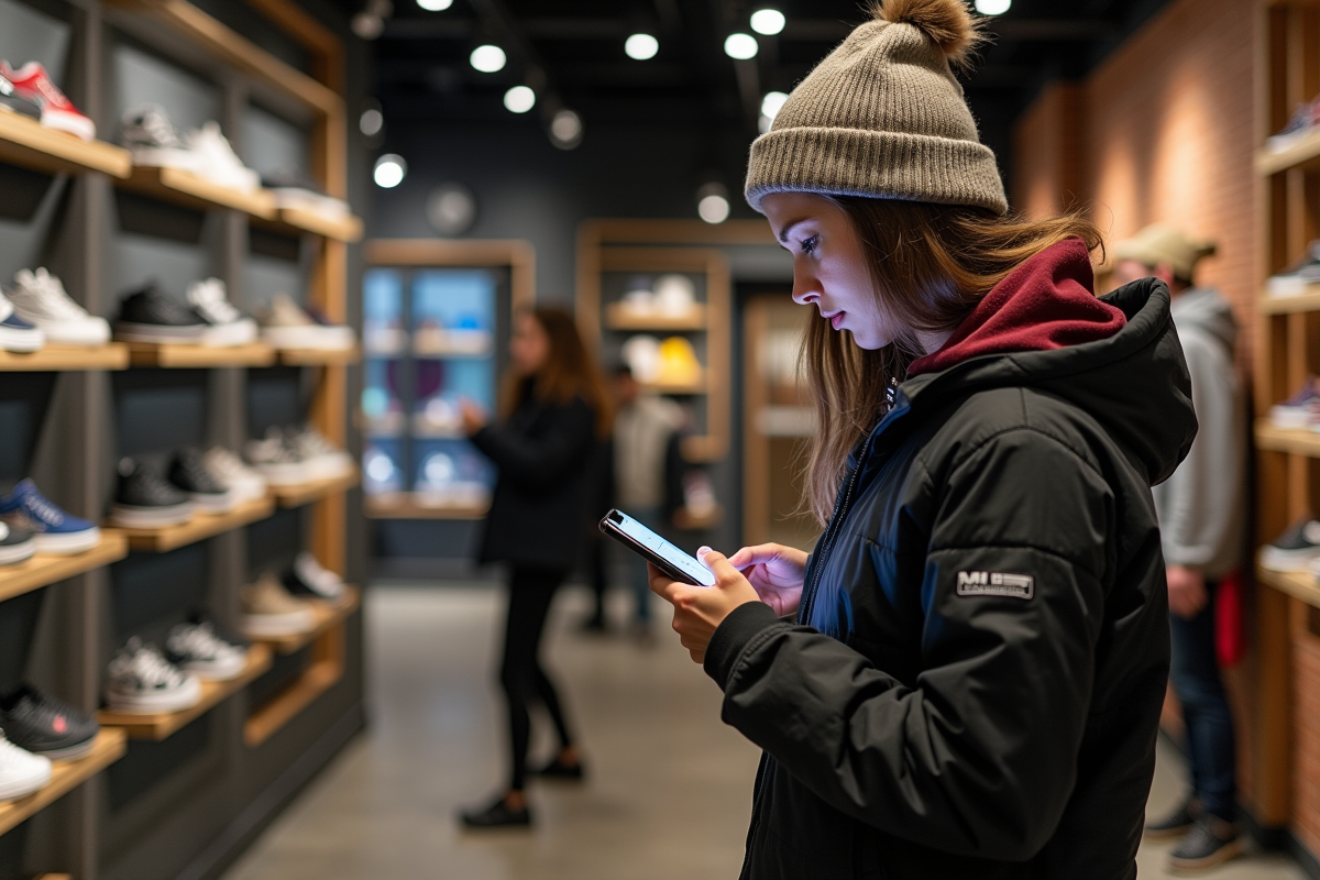 Femme dans une boutique de sneakers suivant une enchère StockX sur son téléphone