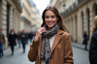 Femme élégante ajustant une foulard à Paris