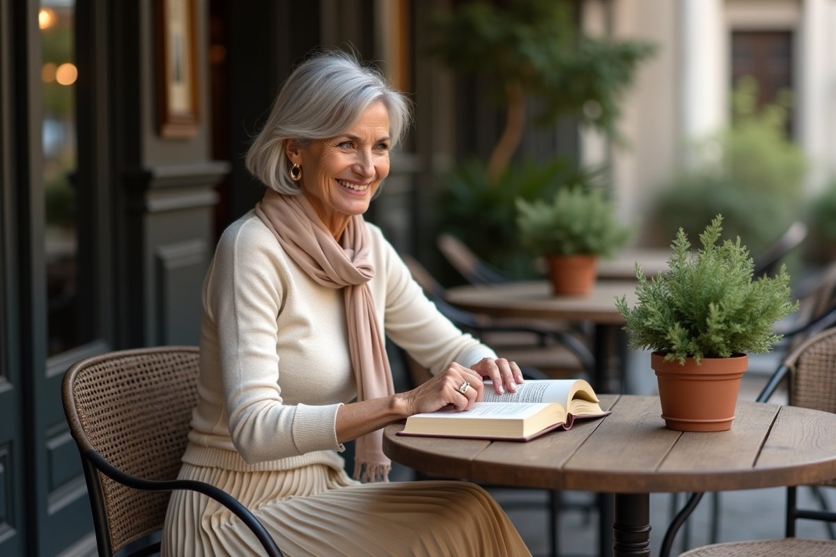 Femme sophistiquée lit un livre dans un café en terrasse