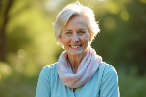 Femme souriante en extérieur avec blouse bleue et foulard pastel