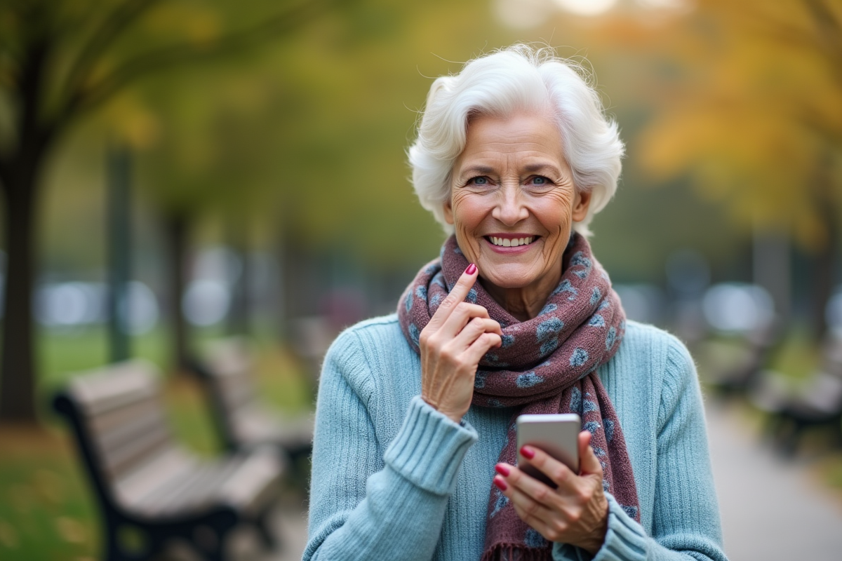 Femme senior souriante dans un parc urbain