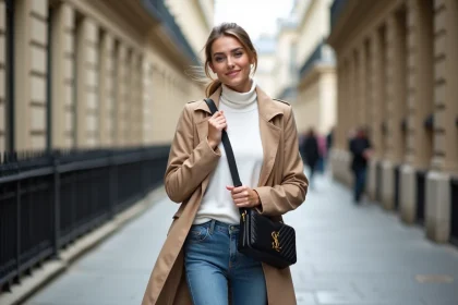 Femme élégante portant trench beige et sac à Paris