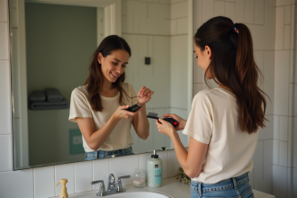 Jeune femme se coupe les cheveux dans sa salle de bain