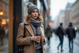 Femme élégante en hiver dans la ville moderne