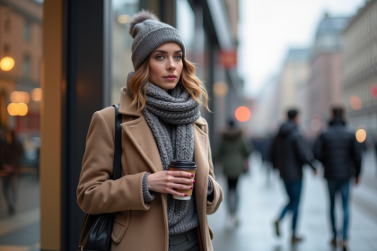 Femme élégante en hiver dans la ville moderne
