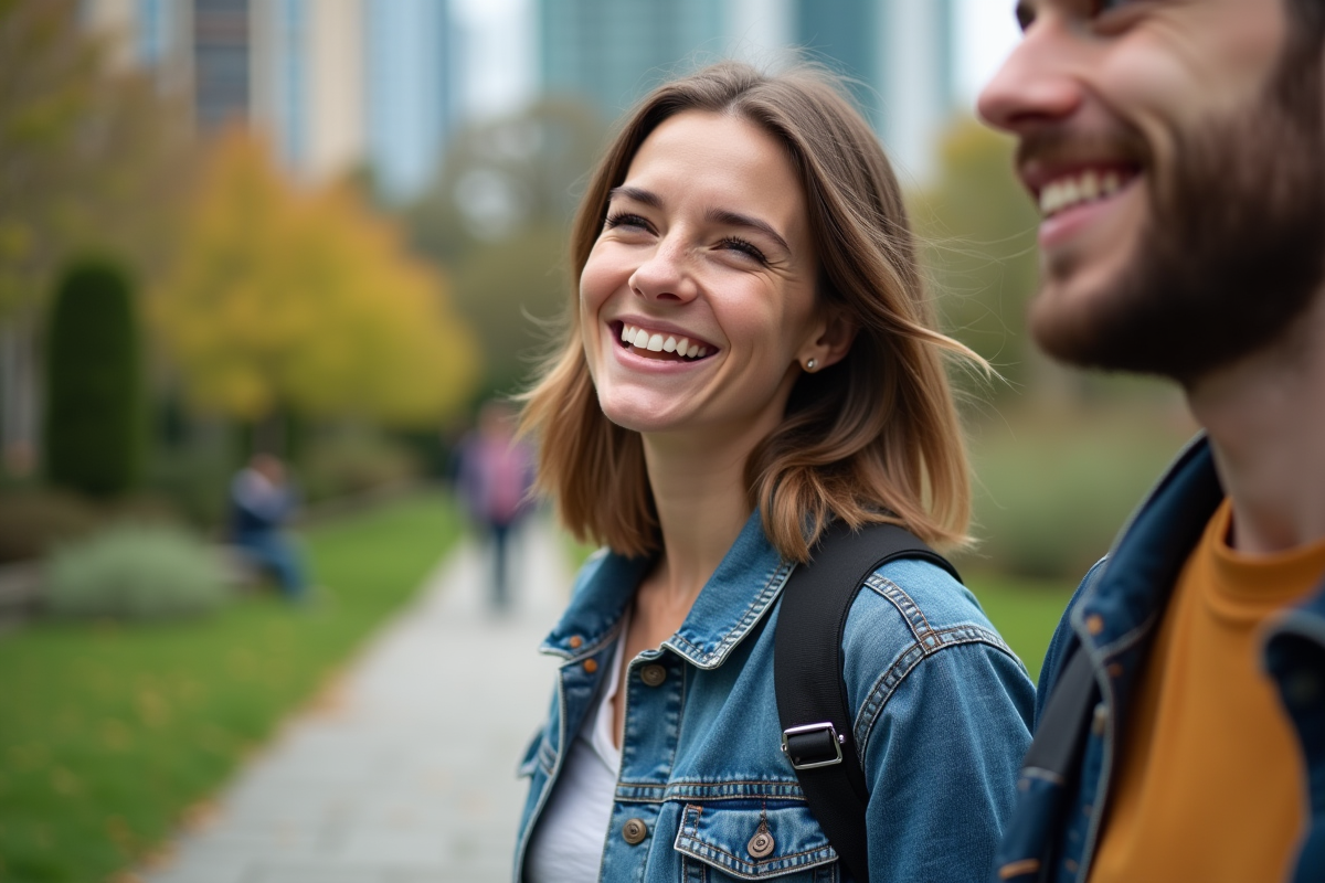 Jeune femme riant dans un parc urbain avec un ami