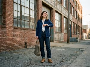 Jeune femme souriante en veste de travail dans une usine urbaine